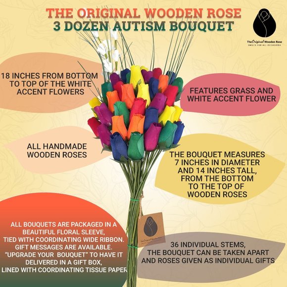 3 Doz Autism Aware Rainbow Wooden Roses Flower Bouquet. The Original Wooden Rose - Picture 3 of 8